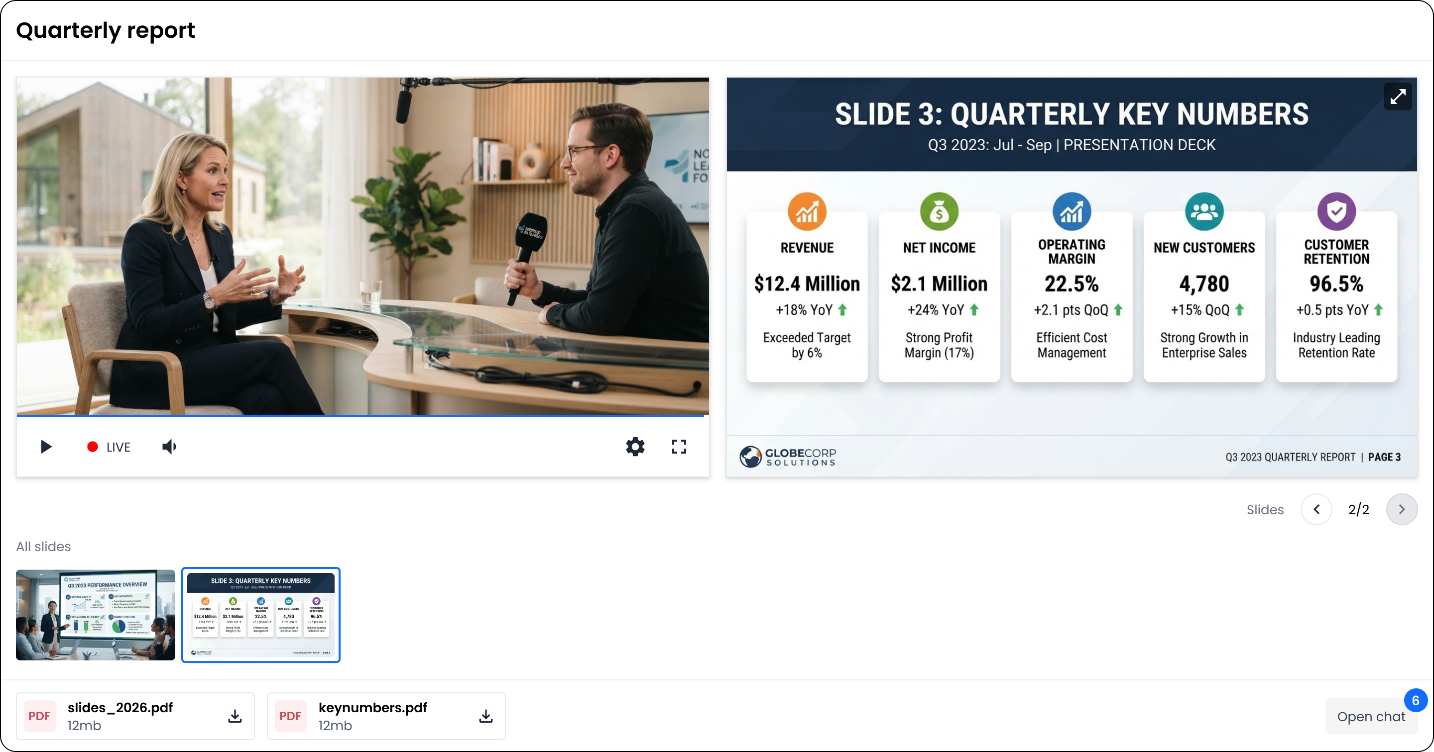 Video on company's website with slides and chat